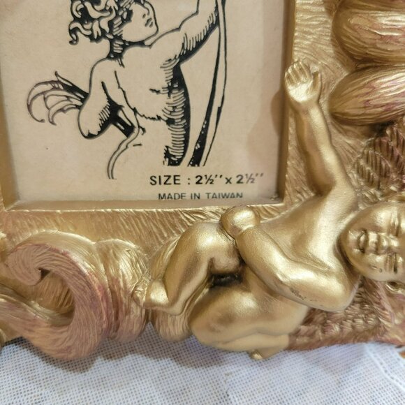 Vintage Gold Cherub Angel Picture Frame 2.5" X 2.5" Ornate Design Made In Taiwan - Picture 5 of 10